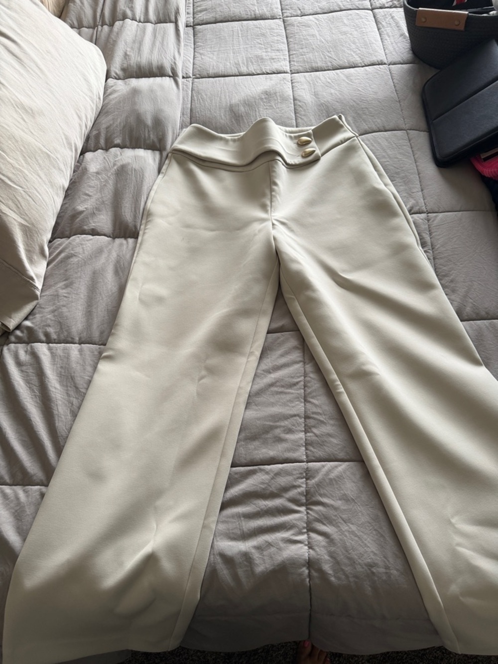 Meshki Cream High-Waist Wide-Leg Trousers with Button Detail
